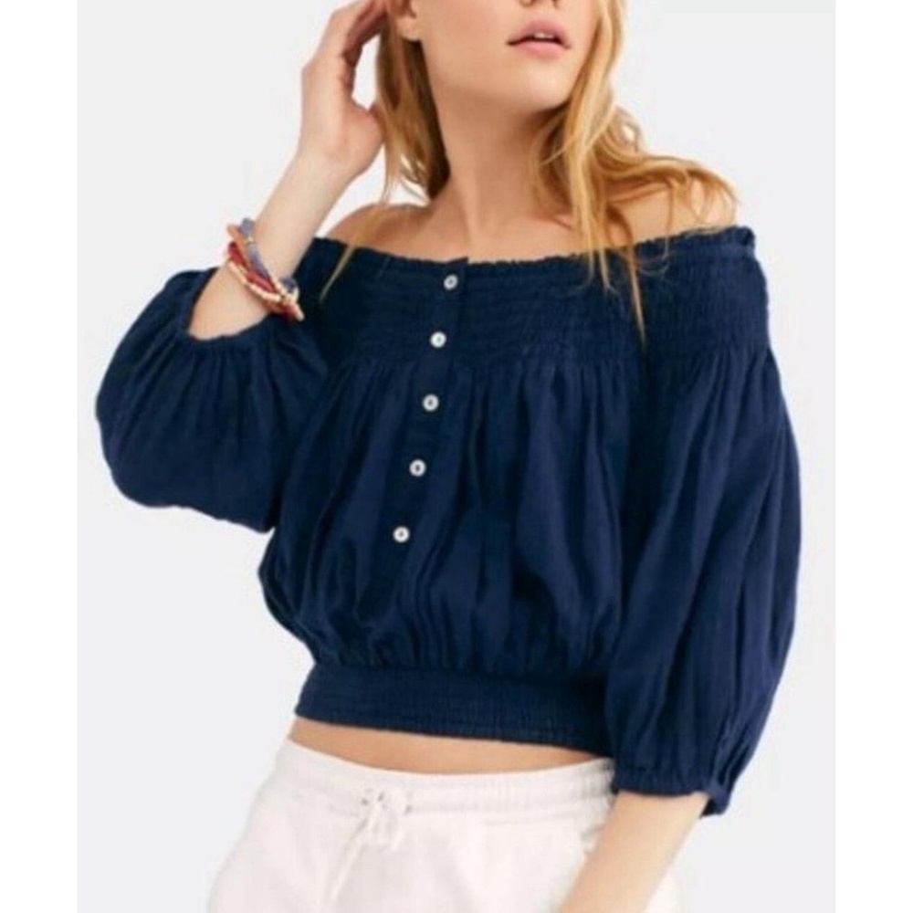 Free People Dancing Till Dawn Cropped Top in Navy Blue Button Off-Shoulder Sz XS